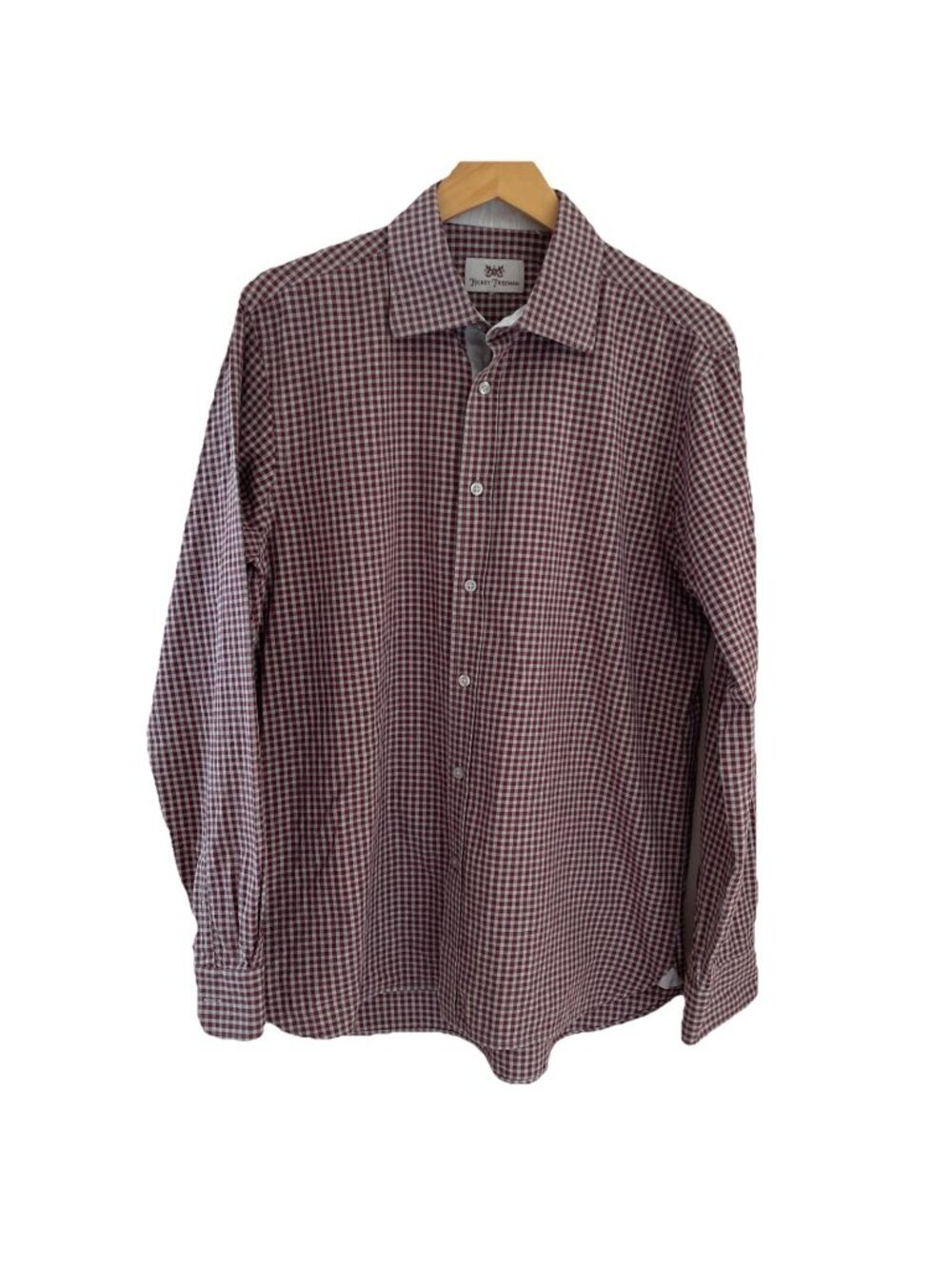 Hickey Freeman Men's Button Down Shirt Size L Burgundy Check 100% Cotton Luxury